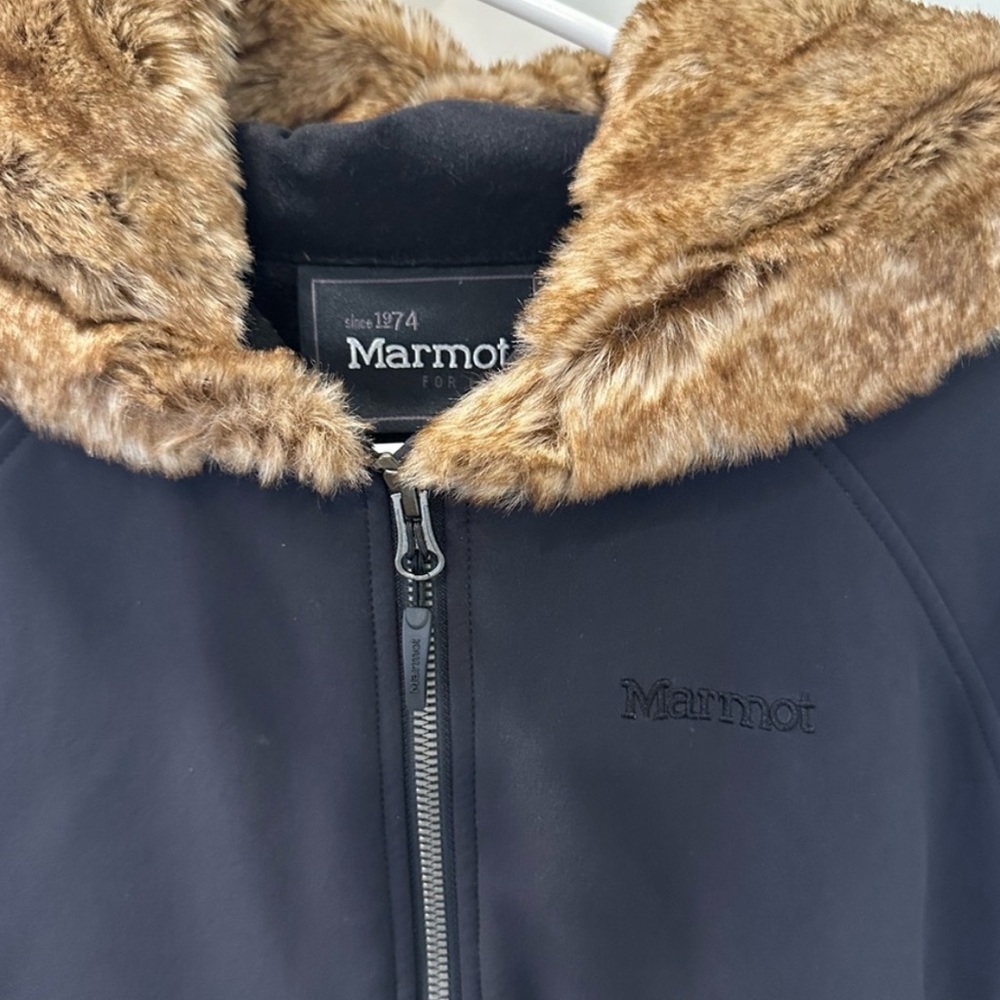 Marmot Soft Shell Furlong Jacket Fur Hood size medium black, fur chestnut brown - Picture 3 of 15
